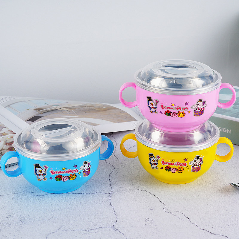 儿童碗防摔婴儿吃饭碗宝宝餐具辅食碗卡通不锈钢带盖子防烫碗钢叉