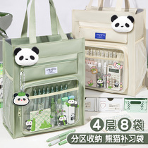 Panda Tutorial Bag Elementary School Student A4 Handbag Carrying Book Children Girl Large Capacity File Bag Transparent Canvas supplementary class Package Bag Homework Bag Homework Cashier Bag Junior High School Students Special