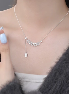 S999足银碎冰冰五帝币流苏项链复古中式精致轻奢锁骨链