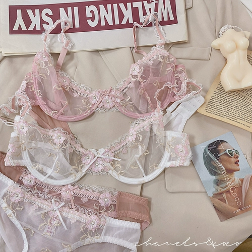 Сексуальный кружевной бюстгалтер, ультратонкее нижнее белье, комплект, с вышивкой