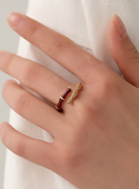 新时尚红色滴油锆石竹节戒指女轻奢小众设计高级开口指环百搭首饰