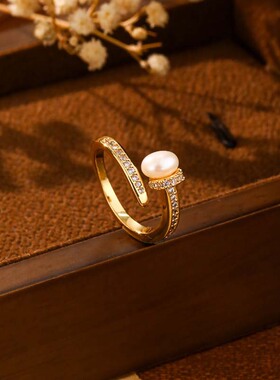 新淡水珍珠微镶锆石开口戒指女法式轻奢小众高级指环时尚百搭首饰