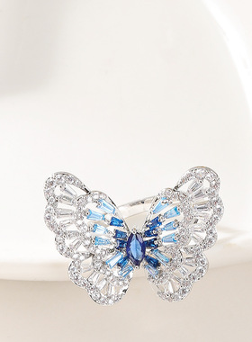 新款时尚轻奢满钻锆石蝴蝶开口戒指女小众设计高级感指环精致首饰