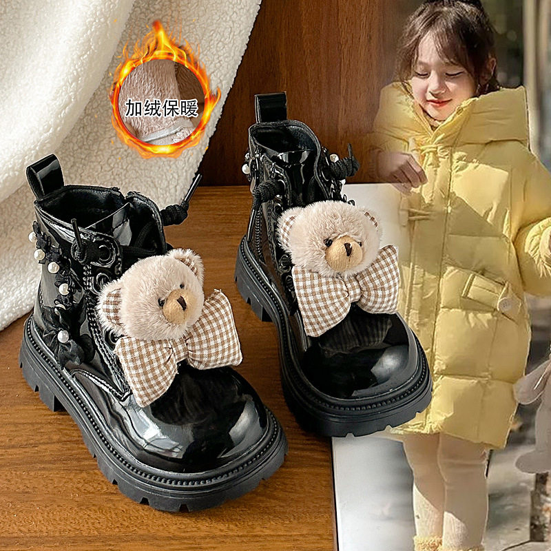 儿童卡通小熊棉靴2025年冬新款加绒女童珍珠花朵蝴蝶结保暖马丁靴,淘宝优惠券,粉丝福利购,淘宝优惠卷
