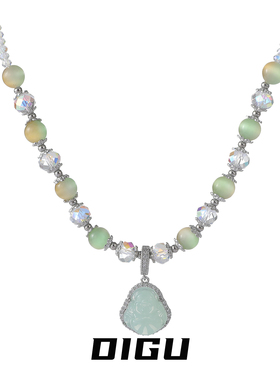 气质国风绿色佛像吊坠项链锁骨链