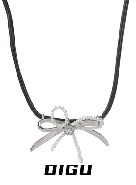 甜酷风双层金属珍珠蝴蝶结项链