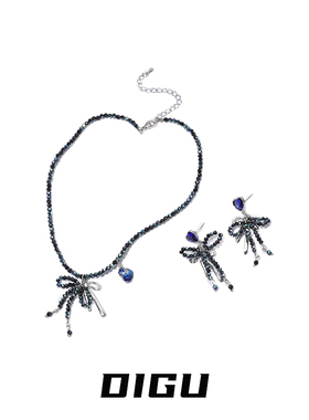 甜酷风串珠蝴蝶结项链耳环套装