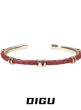 简约复古红色皮革编织开口手镯