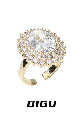 欧美奢华满钻椭圆形开口可调戒指