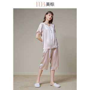 美标女真丝睡衣两件套装春秋100%桑蚕丝绸蕾丝居家服夏短袖/长袖