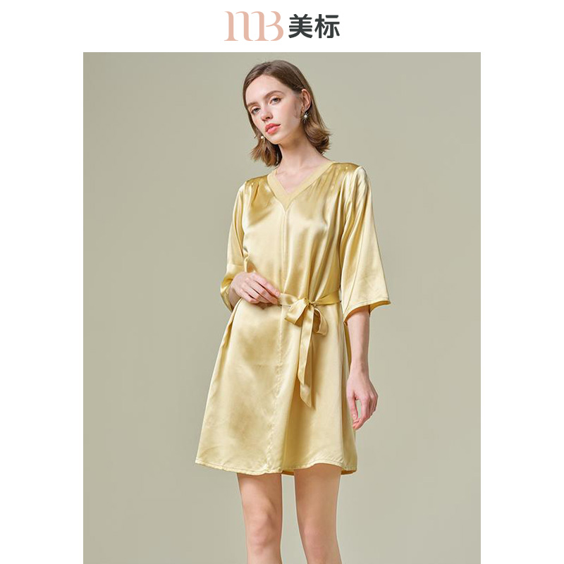 美标真丝七分袖睡裙春夏女100%桑蚕丝绸睡衣家居服19姆米重磅宽松