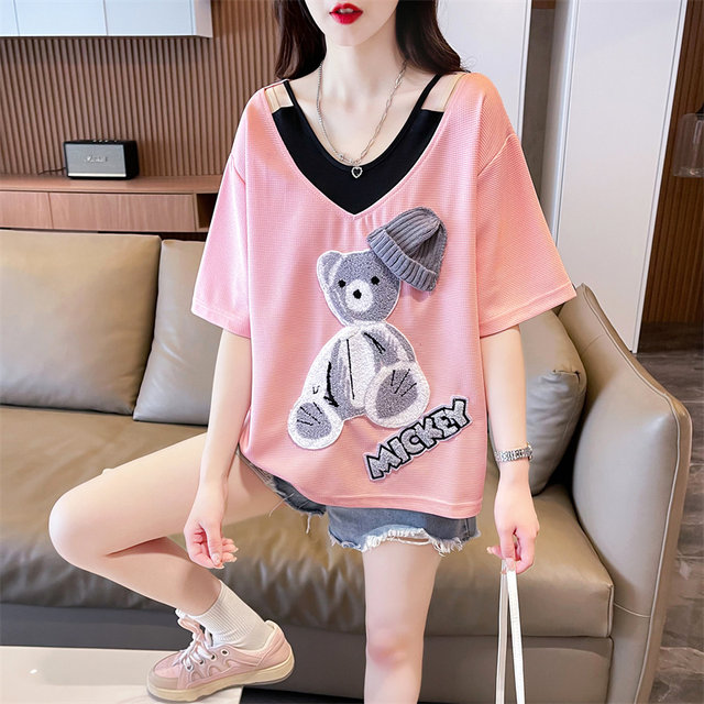 ເສື້ອຍືດແຂນສັ້ນຂອງແມ່ຍິງ lazy ປອມບາງໆສອງຊິ້ນ