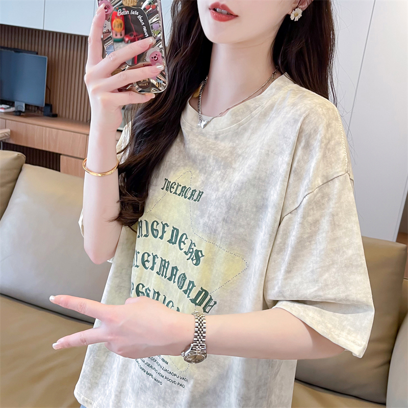 渐变色扎染纯棉短袖t恤女2024新款夏季韩版宽松大码女装半袖上衣