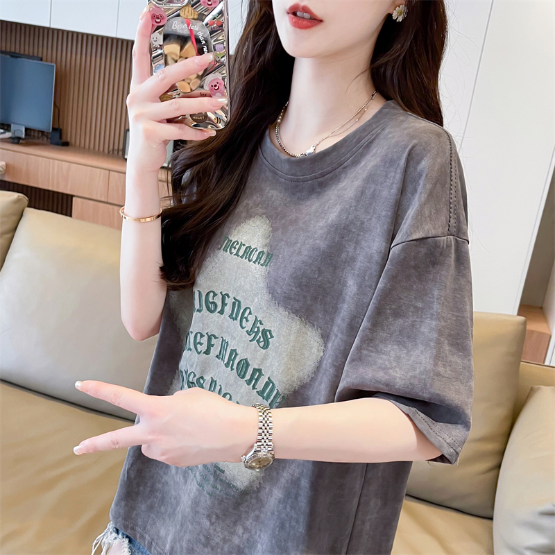 渐变色扎染纯棉短袖t恤女2024新款夏季韩版宽松大码女装半袖上衣