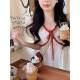 Anli Strawberry Girl ~ Spliced red lace small flying sleeves U-neck top elastic bubble wrinkle lace shirt