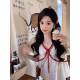 Anli Strawberry Girl ~ Spliced red lace small flying sleeves U-neck top elastic bubble wrinkle lace shirt