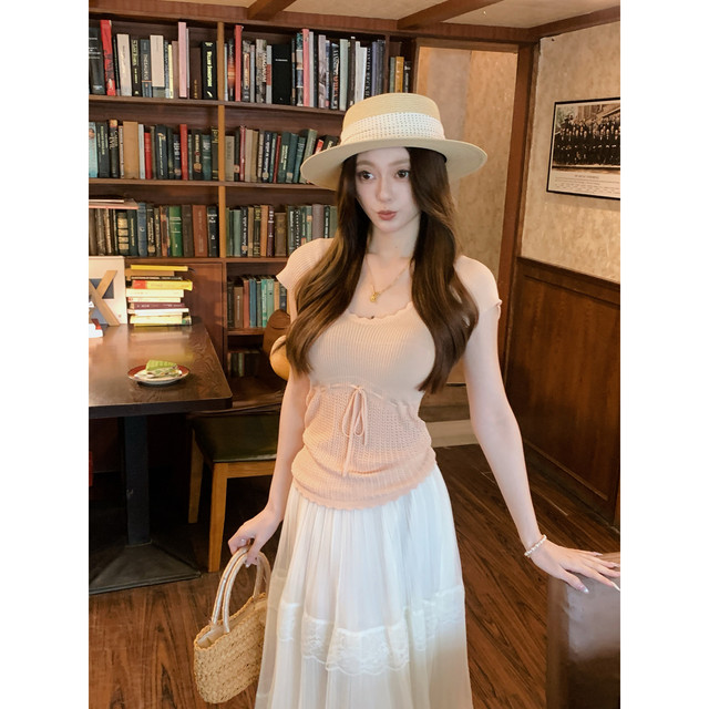 Anli 2026 summer ໃຫມ່ elastic waist layered lace gauze skirt