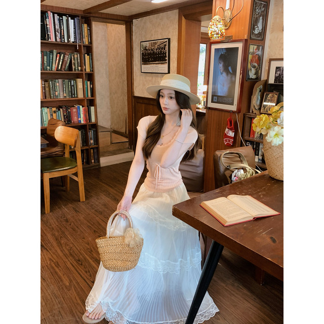 Anli 2026 summer ໃຫມ່ elastic waist layered lace gauze skirt