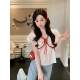 Anli Strawberry Girl ~ Spliced red lace small flying sleeves U-neck top elastic bubble wrinkle lace shirt