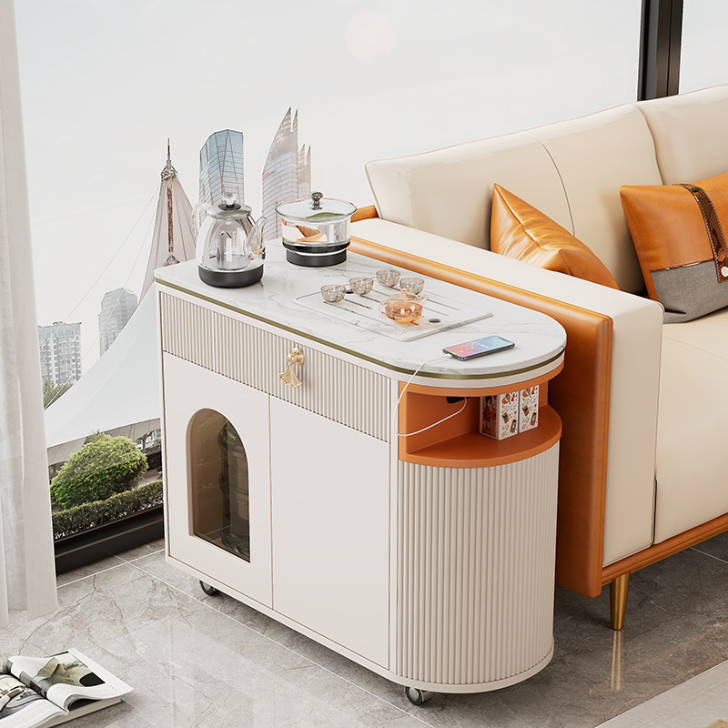 奶油风可移动茶台小型家用轻奢烤漆茶桌烧水壶一体沙发边茶几阳台,淘宝优惠券,粉丝福利购,淘宝优惠卷