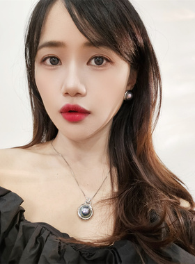 灰珍珠质感宫廷风蛋面耳钉项链