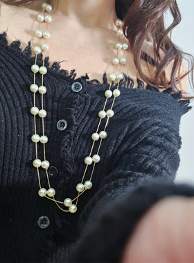 予 1956 复古Vintage欧美宫廷风仿珍珠水晶双层长款毛衣链 包邮