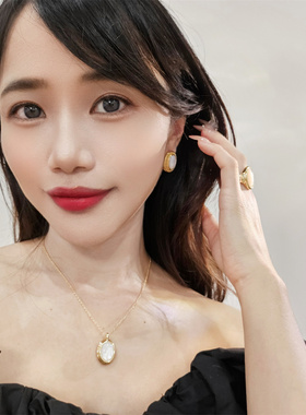 白贝椭圆蛋面耳钉戒指项链女