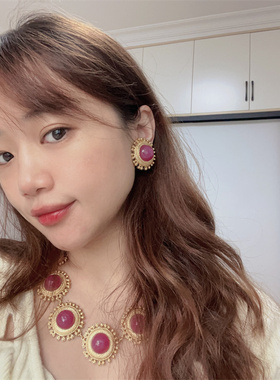 琉璃复古女粉紫色耳环耳夹项链
