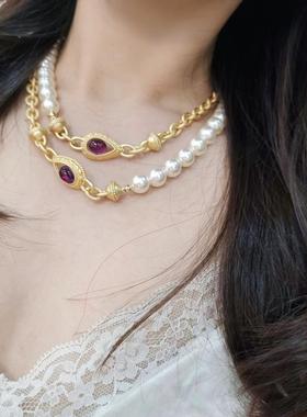 予 1893复古Vintage欧美宫廷风镀真金紫琉璃施华珍珠耳夹项链包邮