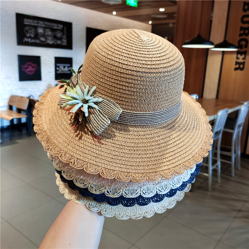花朵草帽女夏季沙滩帽韩版可折叠出游海边防晒遮阳帽小清新太阳帽 - 图0