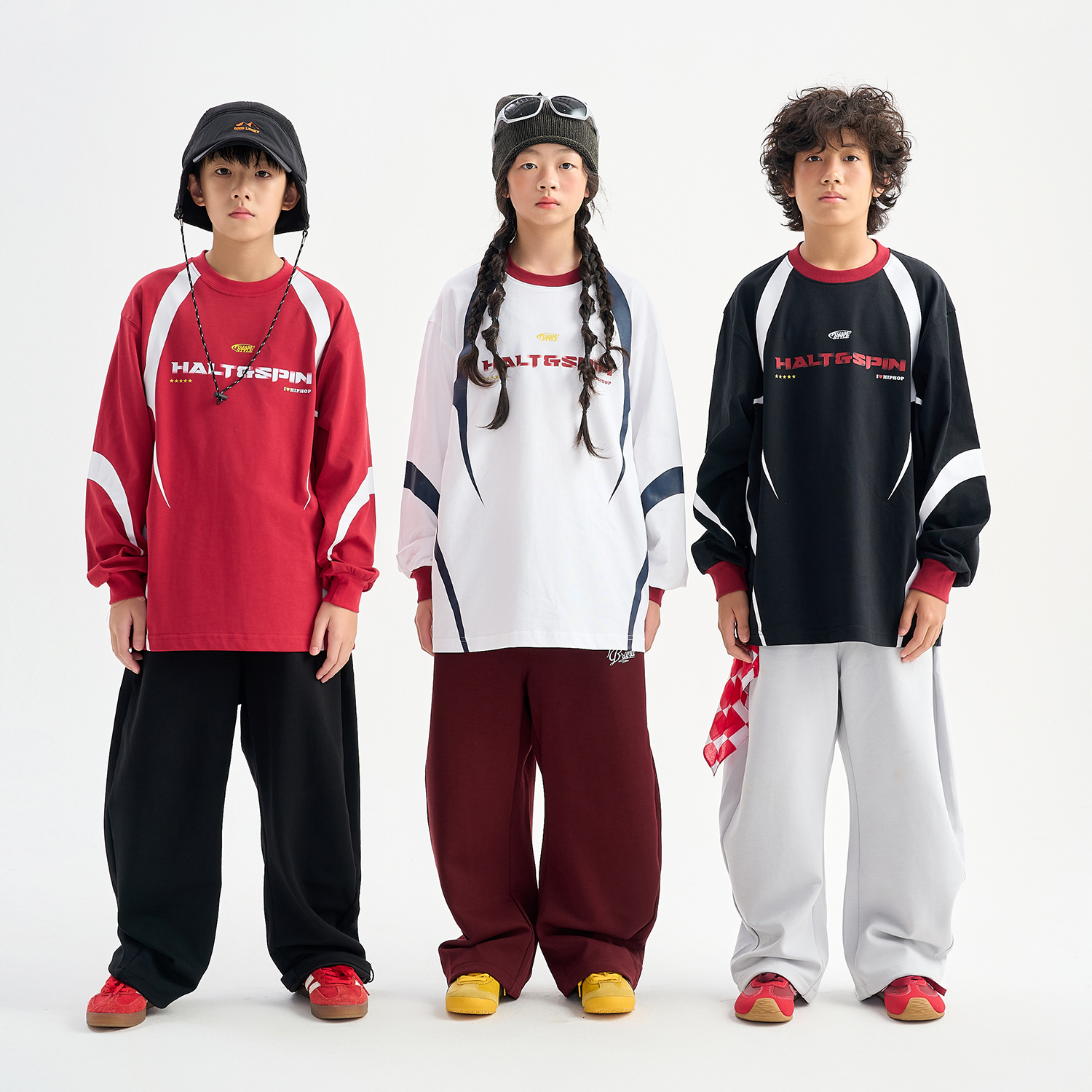 FUJAM儿童潮牌美式拼色印花长袖球衣风T恤少儿街舞hiphop演出服装 - 图2