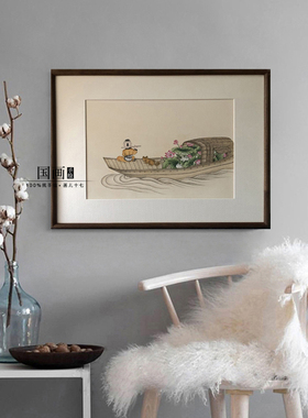 【但惜夏日长】手绘新中式工笔牧童荷花船人物国画客厅装饰壁挂画