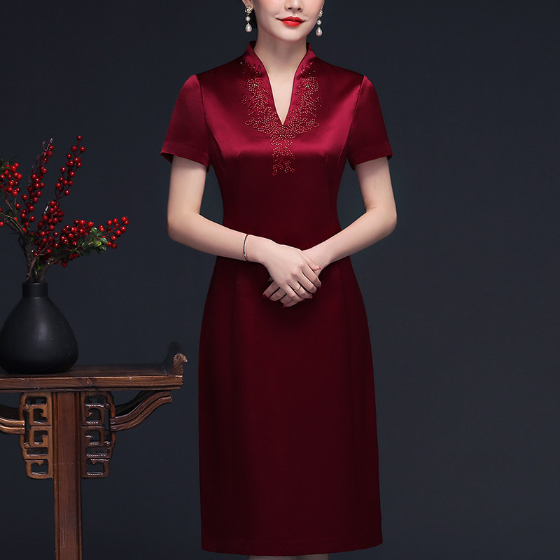 开叉妈妈装婚宴旗袍裙喜婆婆连衣裙 雅尚蝶旗袍