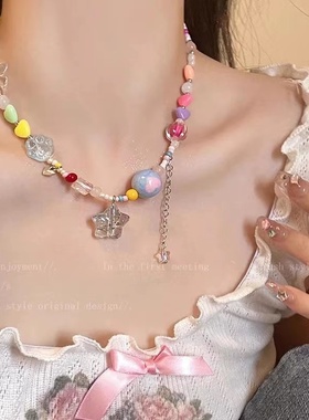 彩色星星爱心项链女款夏季百搭简约网红颈链轻奢小众设计感锁骨链