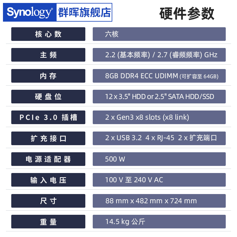 【顺丰包邮】Synology群晖 RS3621RPxs 12盘位 双电源 2U机架式 NAS主机储存器文件服务器企业共享云盘 - 图2