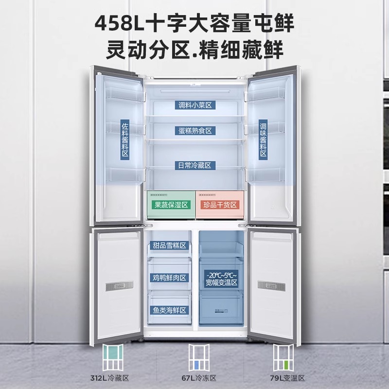 奥马458升超薄嵌入式双变频一级风冷无霜十字对开四门白色电冰箱L - 图2