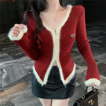 Christmas Red Bright Silk Sweater Woman Autumn Winter Pure Desire Hot Girl V Collar Fur Blouse Knitted Undershirt Inner Hitch Coat