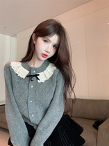 Small Scent Wind Doll Collar Knit Cardiovert Lady Autumn Winter Lace Florian Lace Pure Desire Short blouses Miu tie coat jacket