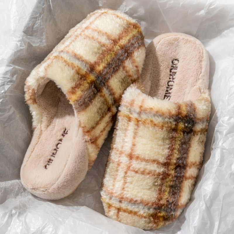 格子棉拖鞋女秋冬季居家室内地板包头软底简约高级保暖毛绒拖鞋男 - 图0