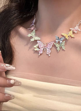 彩色多巴胺蝴蝶项链女ins风甜美锁骨链小众设计感