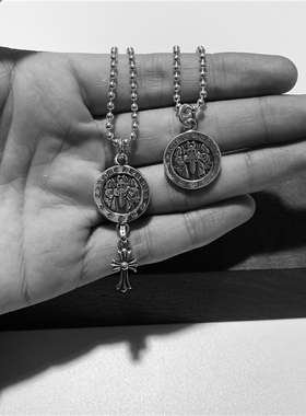 匠银JY 925纯银2MM天使圆盘十字架圆珠链哥特式银饰吊坠项链