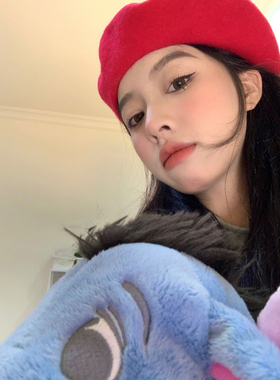可爱显白红色毛呢休闲风贝雷帽子