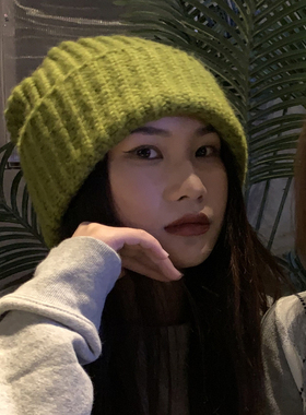 大头围绿色显白简约百搭毛线帽子