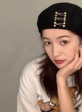 韩版ins网红钉扣羊毛贝雷帽子女秋复古时尚黑色逛街百搭画家帽潮