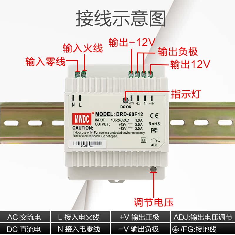 MWDC开关电源导轨DRD-60F12双组输出12V2.5A-12V2.5ADRD-60F15/24-图2