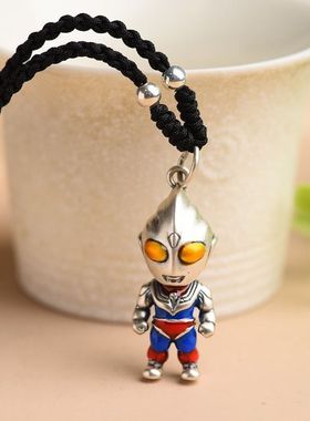 上新足银999奥特曼项链霸气宝宝纯银吊坠彩色编绳儿童银挂件礼物