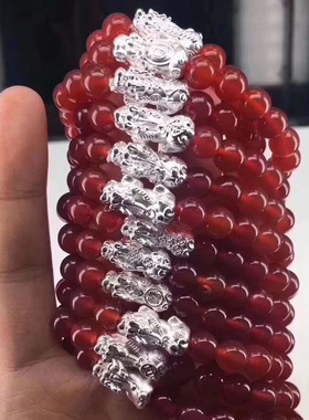 3D银999貔貅手链水晶黑红玛瑙珠链子手串珠子男女情侣饰品