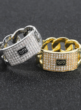 嘻哈男士戒指几何锆石14K金满钻古巴链条设计感潮人指环代发