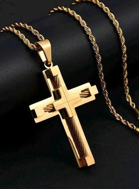 男士钛钢饰品霸气高质量不锈钢男士项链钢丝绳十字架