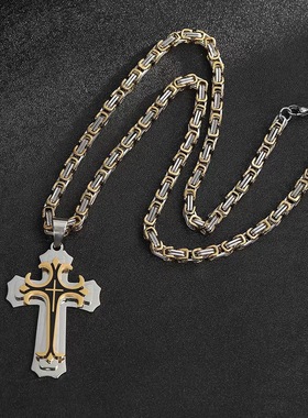欧美双层腐蚀抹油十字架吊坠项链不锈钢钛钢男士